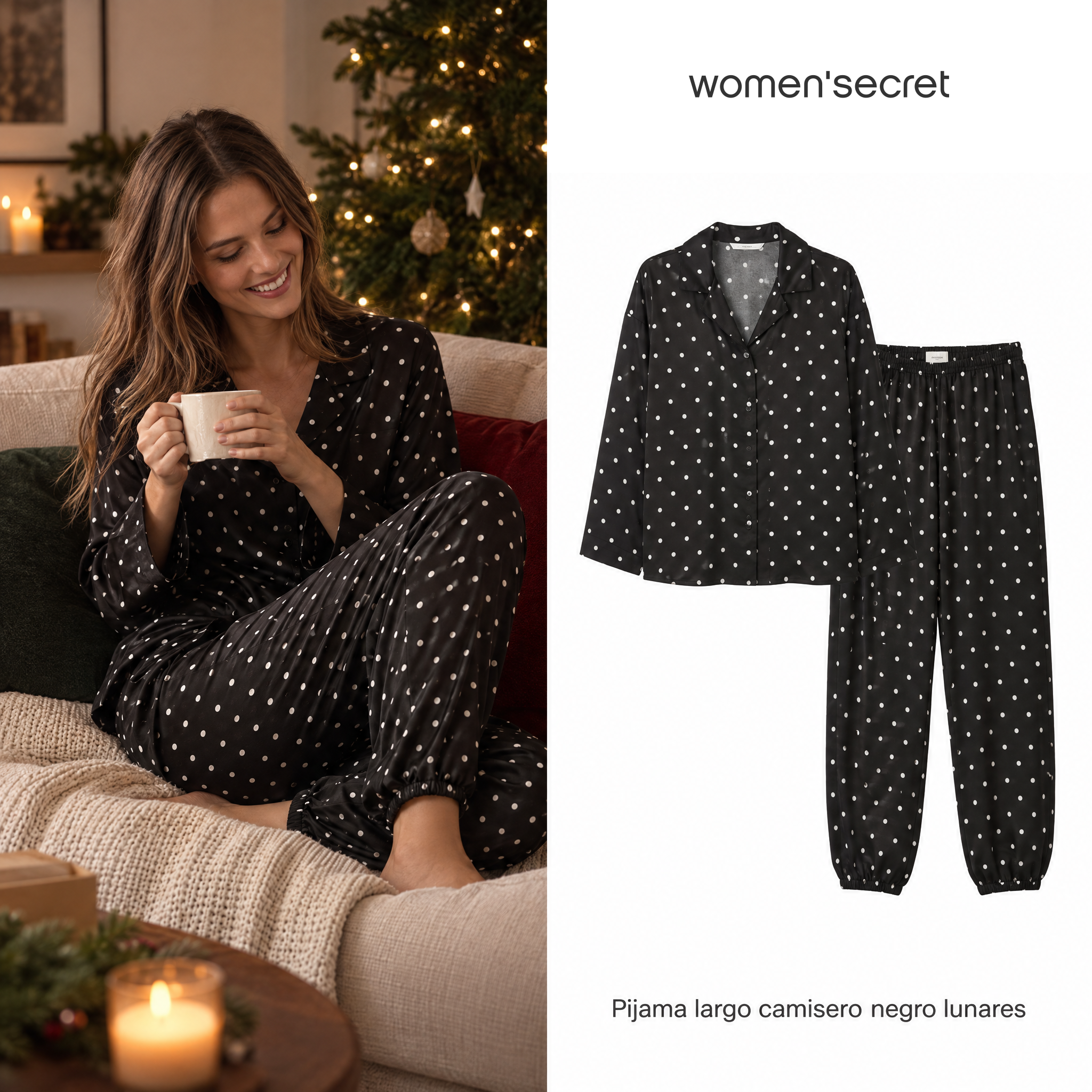 Pijama largo camisero negro lunares