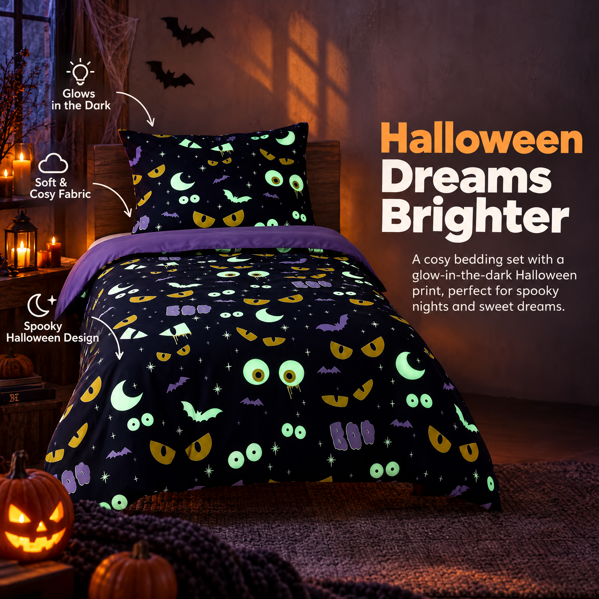 Halloween ágyneműhuzat-garnitúra sötétben világító mintával