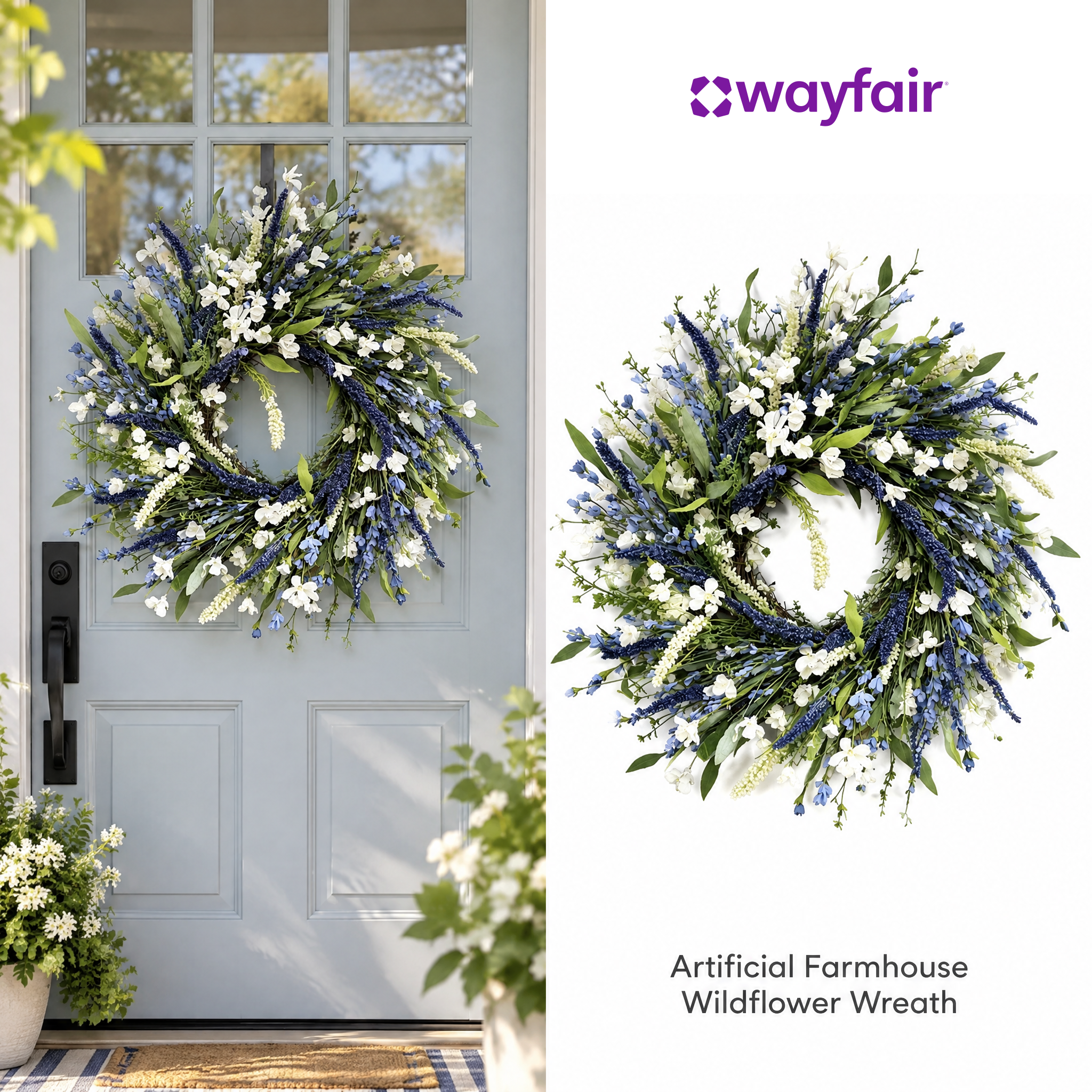 24" Artificial Farmhouse Spring Summer Greenery Foliage Lavender Berry Coastal Wildflower Front Door Wreath