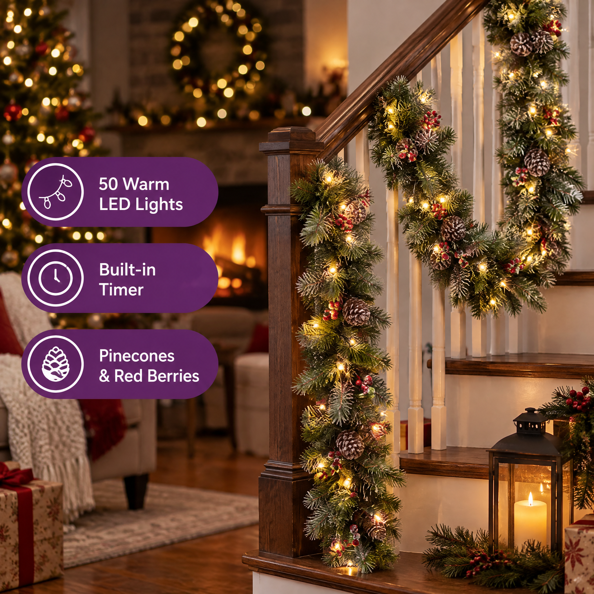 Soperton 6' Christmas Garland with 50 Warm Lights and Timer (Set of 2)