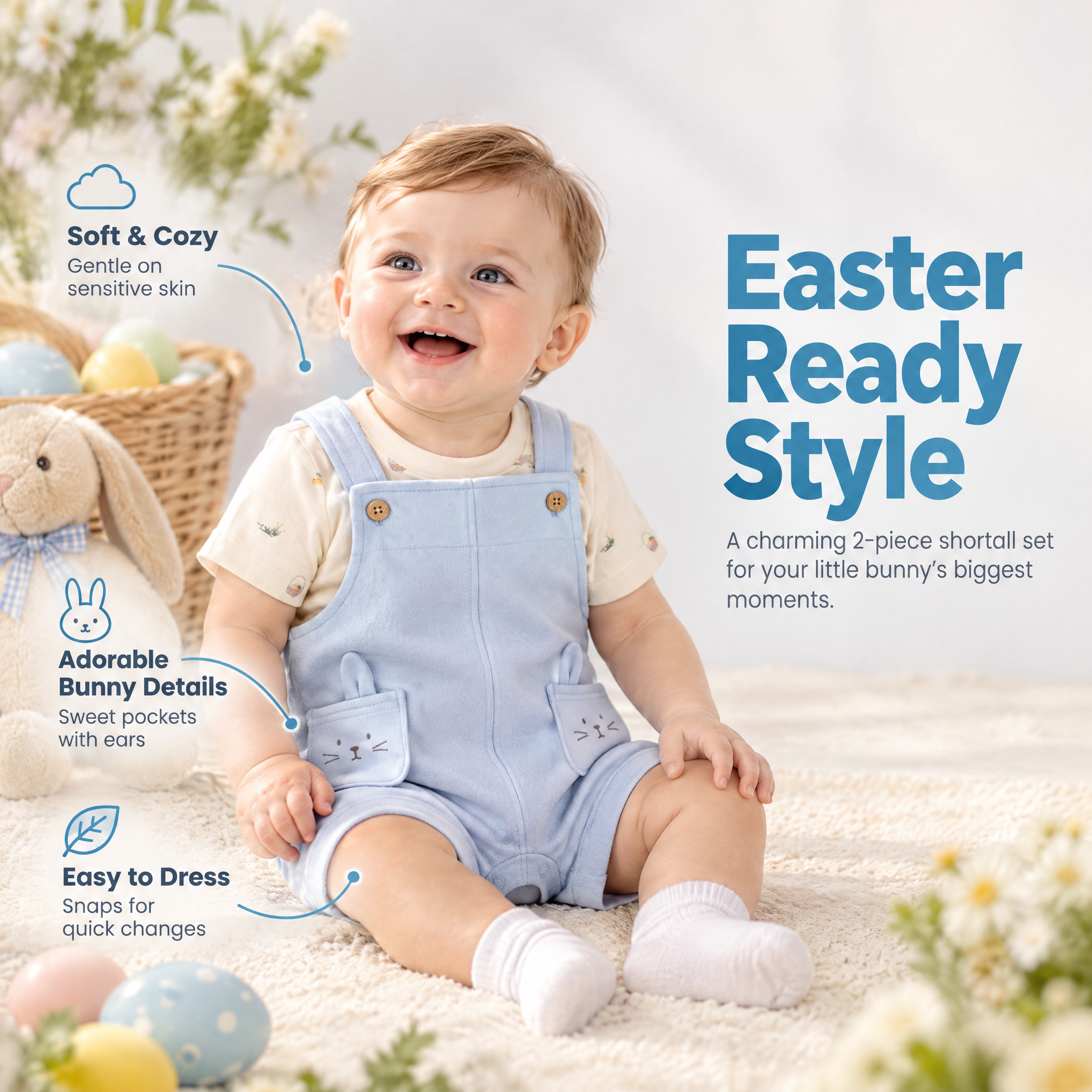Baby Boy 2-Piece Easter Bunny Shortall Set - Blue/Cream