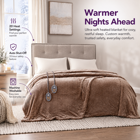 Heated Plush Mink Ultra-Soft Machine Washable Auto Shut-Off Queen Blanket with 20 Heat Settings