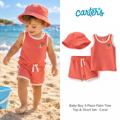 Baby Boy 3-Piece Palm Tree Top & Short Set - Coral
