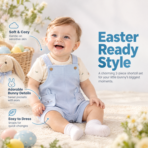Baby Boy 2-Piece Easter Bunny Shortall Set - Blue/Cream