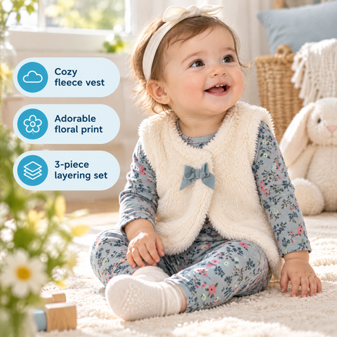 Baby Girl 3-Piece Floral Teddy Fleece Layering Set - Blue/Cream